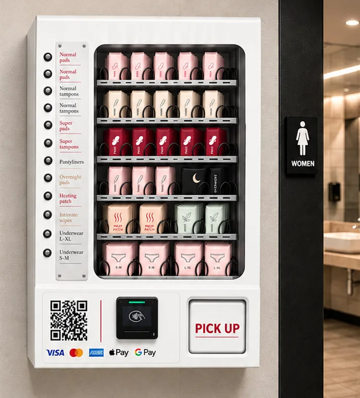 Render of an Essential Station: a white wall-mounted unit with rows of women’s essentials behind glass, a QR code, a card reader and a pick-up tray, installed beside a restroom entrance