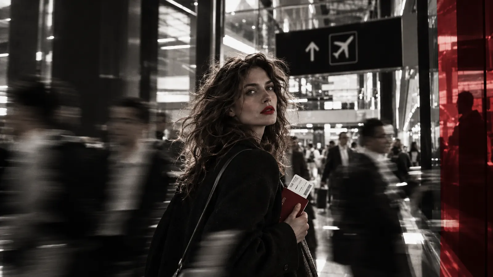 A woman with a boarding pass looks back over her shoulder in a busy airport terminal, travellers blurred around her