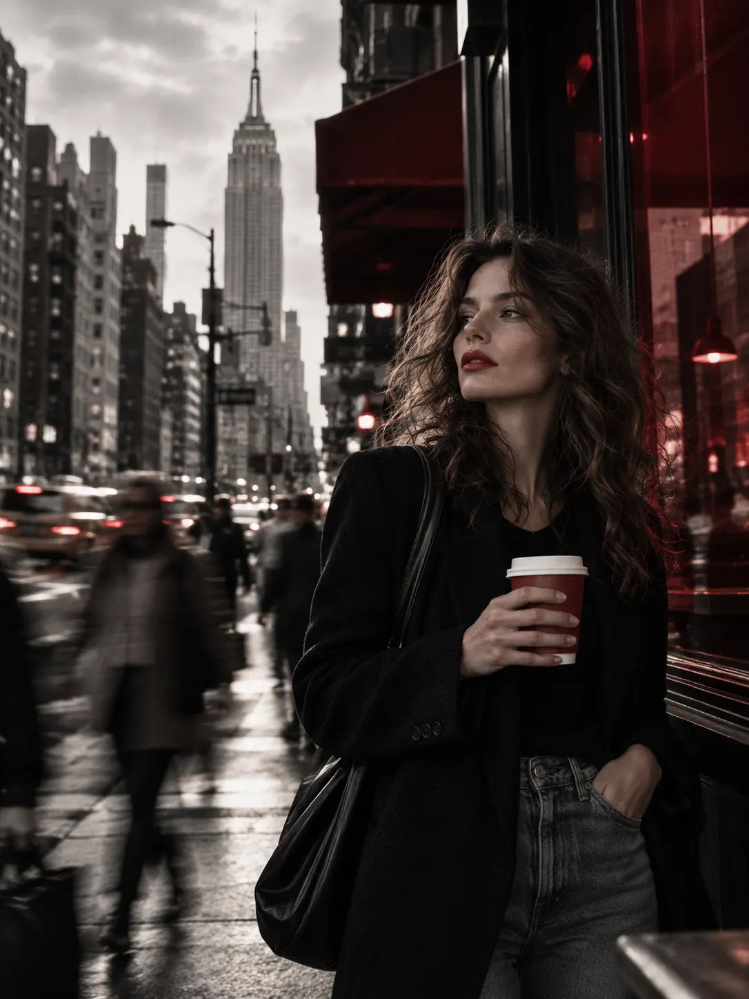 A woman in a dark coat holding a coffee cup on a busy city street, the Empire State Building behind her