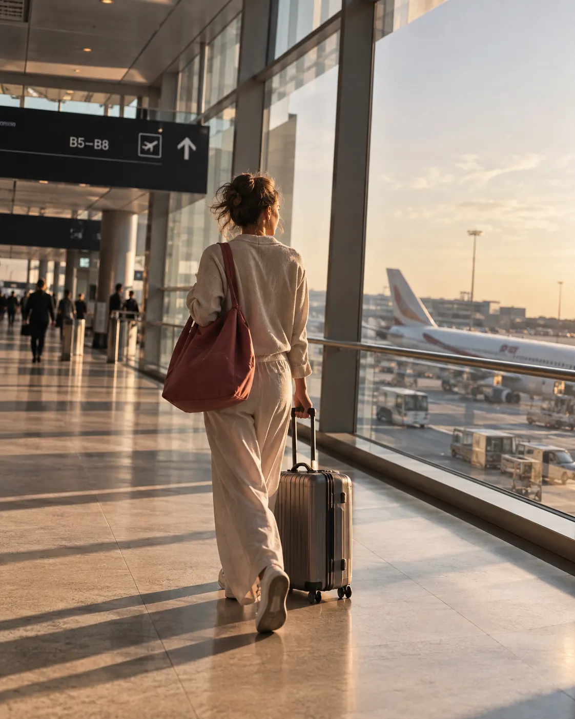 Illustration of women walking through an airport concourse, carrying bags on the way to their gate