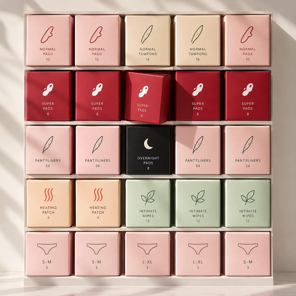Still life of product packages in the station’s colours — blush, beige, crimson, peach and sage — on a white shelf in soft daylight