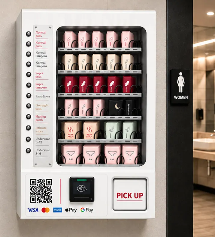 Essential Station render: a white wall-mounted unit with shelves of pads, tampons, liners, heating patches and underwear, a card reader and a Pick Up button, mounted beside a women’s restroom